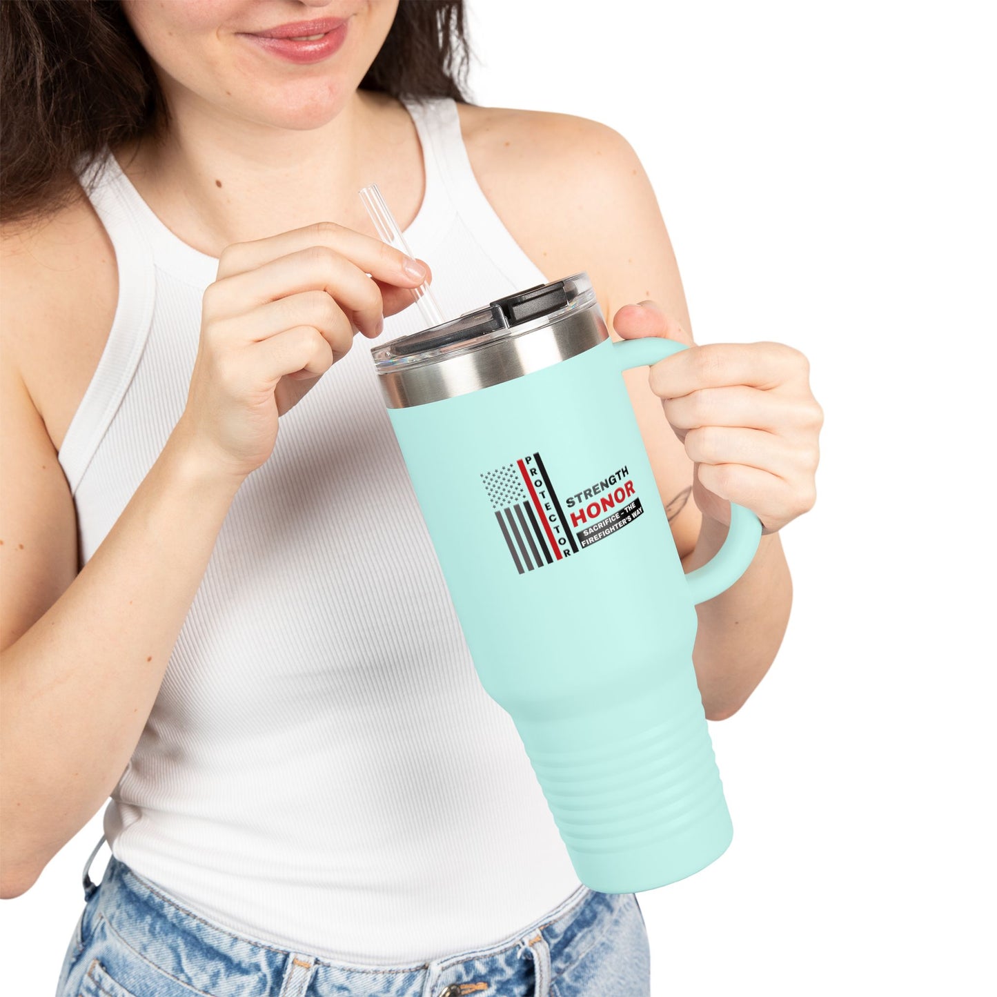 Firefighter Insulated Travel Mug, 40oz – Strength, honor, sacrifice – the firefighter’s way