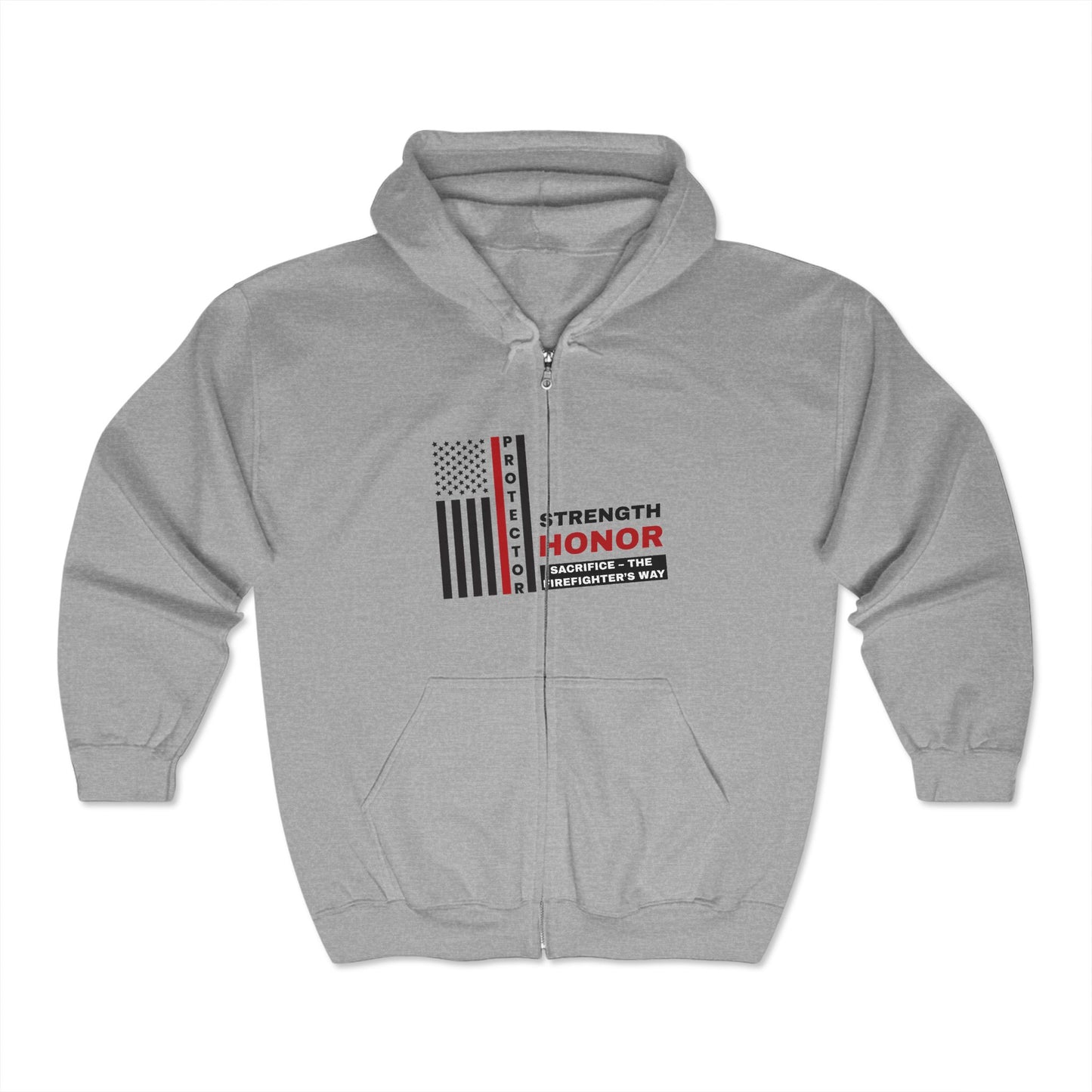 Firefighter Unisex Full Zip Hooded Sweatshirt – Strength, honor, sacrifice – the firefighter’s way