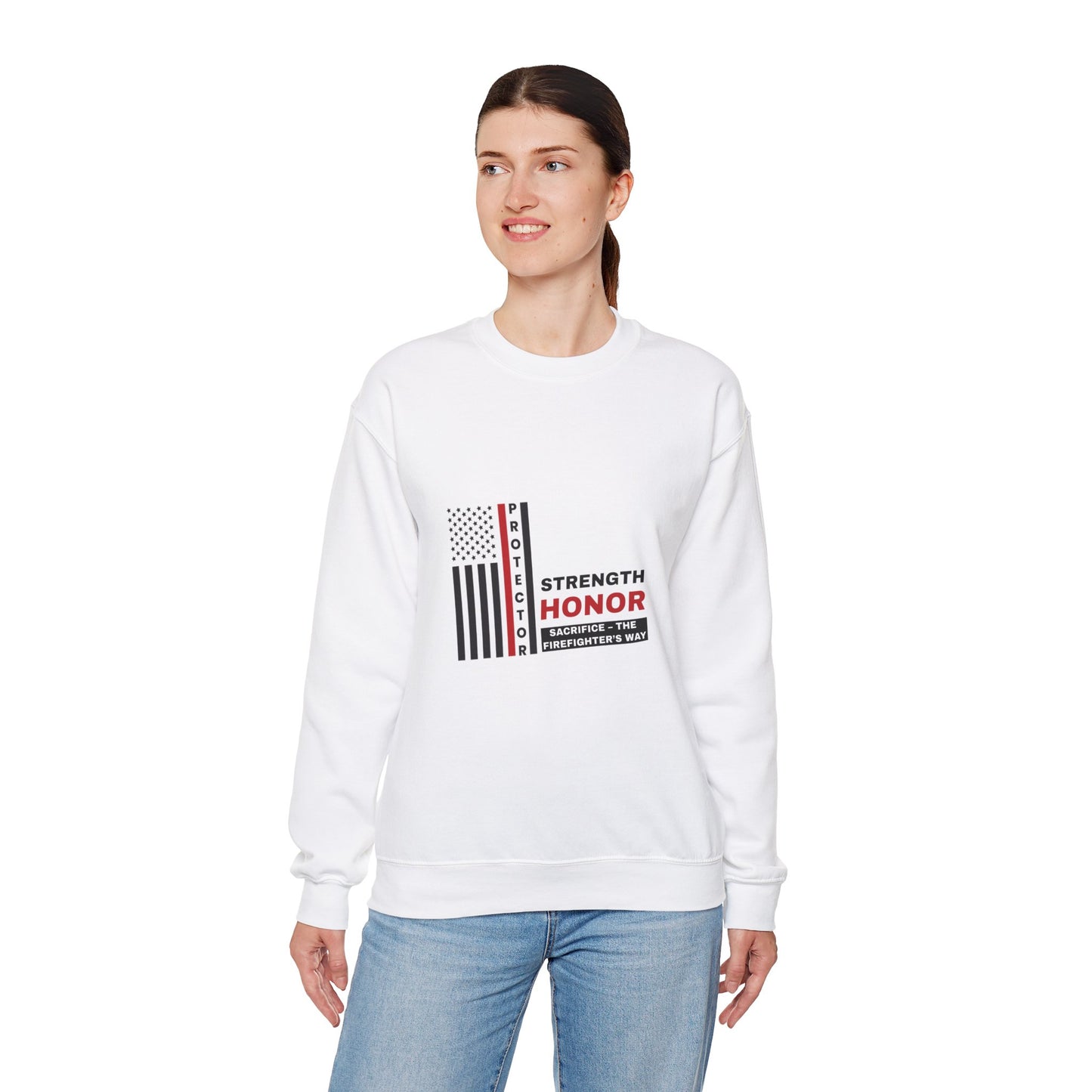 Firefighter Unisex Heavy Blend Crewneck Sweatshirt – Strength, honor, sacrifice – the firefighter’s way