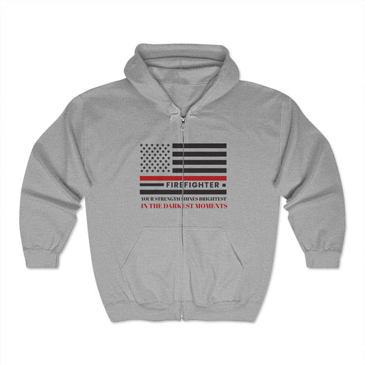 Firefighter Unisex Full Zip Hooded Sweatshirt – Your strength shines brightest in the darkest moments