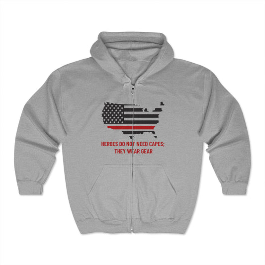 Firefighter Unisex Full Zip Hooded Sweatshirt – Heroes do not need capes; they wear gear