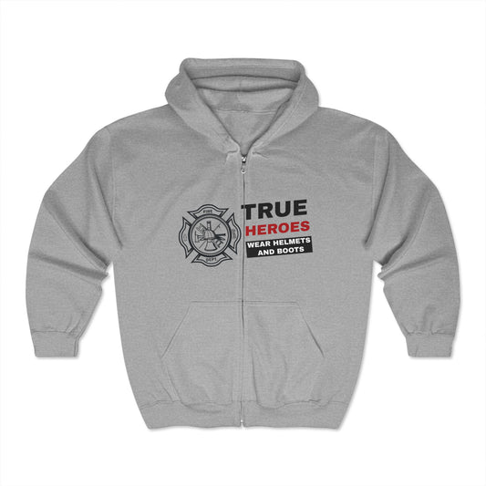 Firefighter Unisex Full Zip Hooded Sweatshirt – True heroes wear helmets and boots
