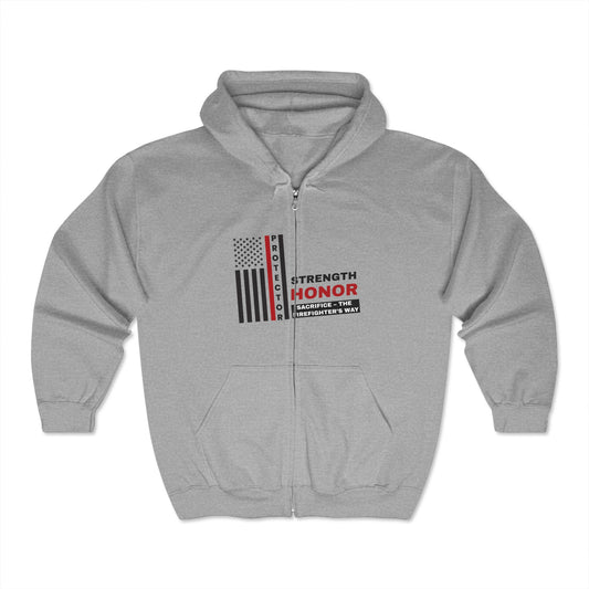 Firefighter Unisex Full Zip Hooded Sweatshirt – Strength, honor, sacrifice – the firefighter’s way