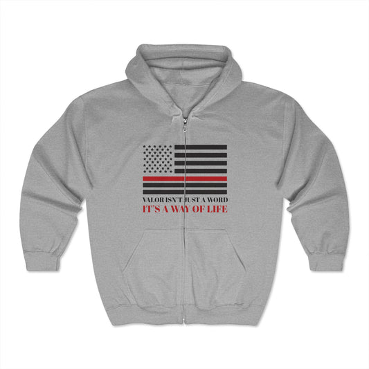 Firefighter Unisex Full Zip Hooded Sweatshirt – Valor isn’t just a word—it’s a way of life