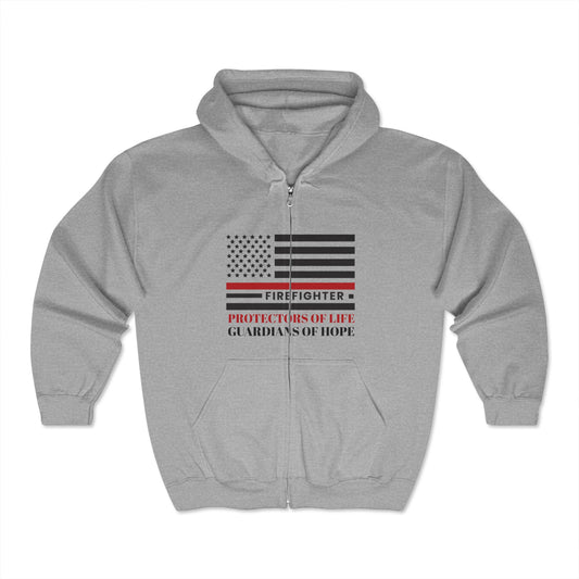Firefighter Unisex Full Zip Hooded Sweatshirt – Firefighters: Protectors of life, guardians of hope