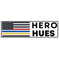 Hero Hues logo featuring a stylized American flag with red, blue, and yellow stripes, representing first responders.