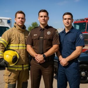 Three first responders—a firefighter in full gear holding a yellow helmet, a police officer in brown uniform, and an EMS medic in navy—stand together outdoors in front of emergency vehicles under a clear blue sky.